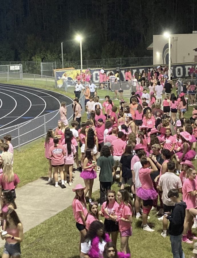 The Steinbrenner Varsity Cheerleaders perform one of the cheers as the football team plays. The final score of the game was 22-14 with Steinbrenner winning the game. Photo Courtesy of Lorelei Woodward.