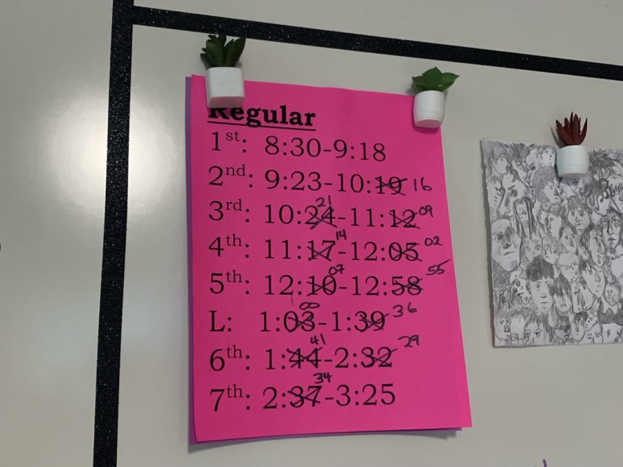 The+updated+bell+schedule+at+Steinbrenner+Highschool+displays+the+changes+in+class+times.+++The+schedule+times+were+released+after+teachers+voted+for+more+time+in+7th+period.+Photo+Courtesy+of+Lily+Moore.