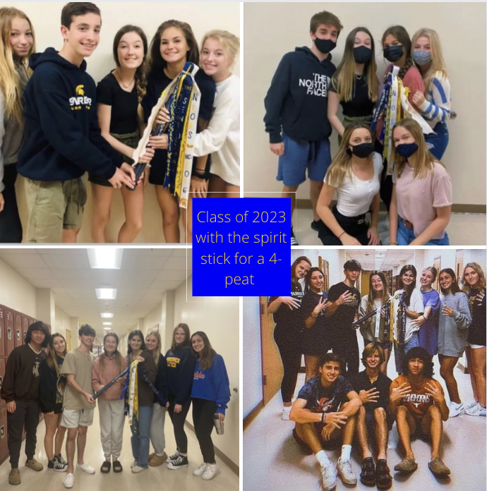 The senior class senators pose with the spirit stick. This is the fourth year in a row that the class of 2023 has won the spirit stick, with many naming it the 4-peat. Photos courtesy of Emily Schoessler.  