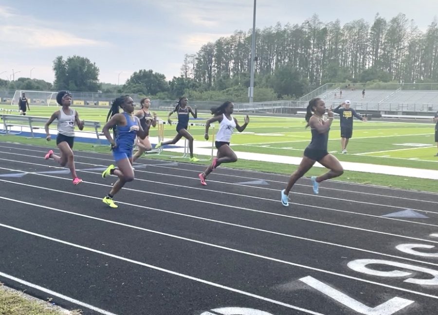 Kyra Patterson(junior), Angelise Duran (Sophomore), Aaniyah Houghton (Freshman), and Morgan Hartley (Sophomore) are part of the section 4 girls 100-meter dash team. They ran with two Jefferson and two Gaither students all between 12 to 13 seconds. Photo Courtesy of Brielle Neylan.  