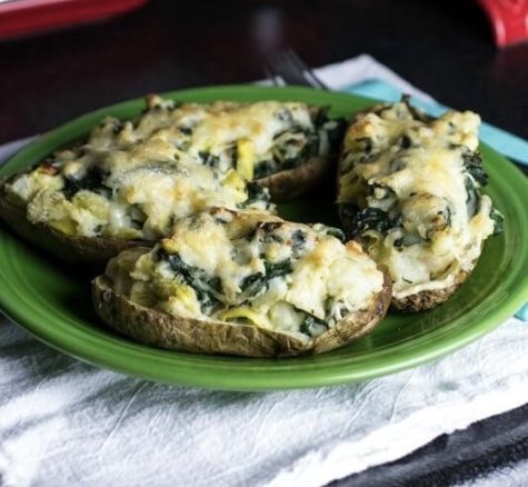 Homemade spinach and artichoke baked potatoes.