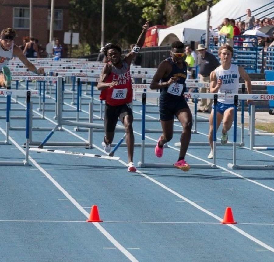 Jabari Armstrong had a fight this March at the university of Florida’s, Florida relays winning the Men’s 110 meter hurdles as a sophomore representing George Steinbrenner high school. With a time of 14.24; barely missing his PR of 14.19. Photo courtesy of Jabari Armstrong.  