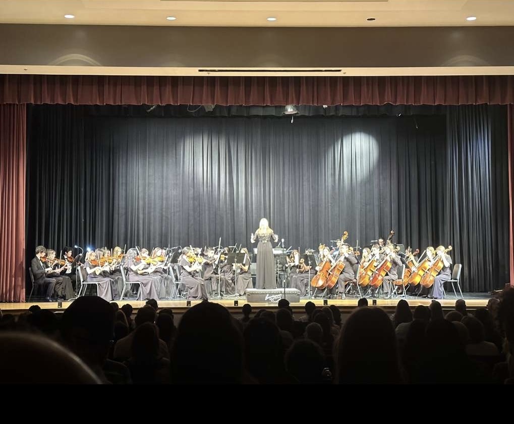 Mrs. Szarowicz leading orchestral in the concert. The orchestra practiced since the beginning of the year leading up to this. Photo courtesy of Isabella Reincke.