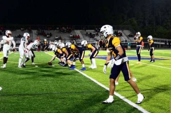 Warriors offense lines-up for attack against Plant City. They have been preparing for the long season ahead. Photo courtesy of Maria Nicklow.