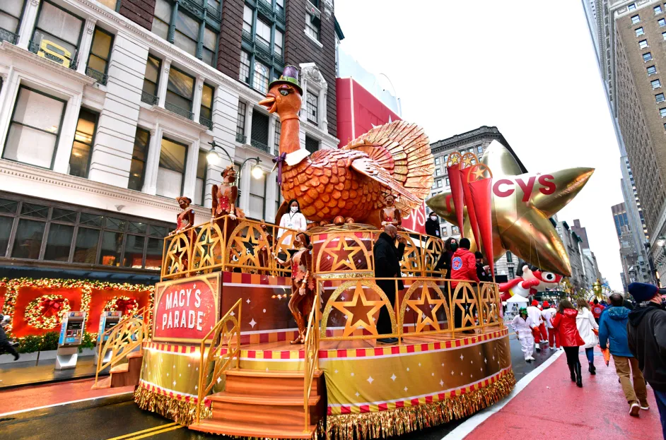 Tom Turkey, the famous leading float of the Thanksgiving Day Parade by Macys floats down the street. This popular parade has been going on since 1924. Photo courtesy of Billboard.