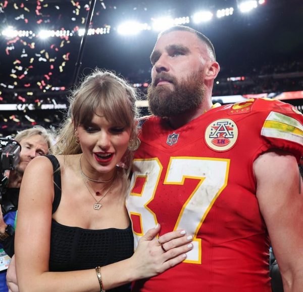 Taylor Swift and Travis Kelce after the Chiefs won the Superbowl, and later were spotted at an afterparty dancing to remixes of Swift’s own songs, including Love Story. The Superbowl was also Swift’s 13th game that she’s attended, which happens to be her lucky number. Photo courtesy of tstourtips Instagram.
 