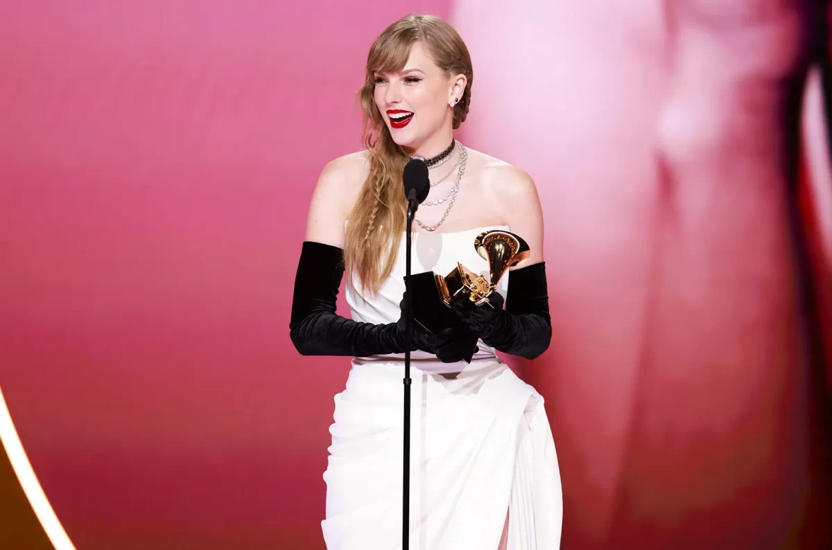 Taylor Swift accepting her award for Best Pop Vocal. Right after this, she announced her newest album which will be out April 19th. Photo courtesy of Billboard.
