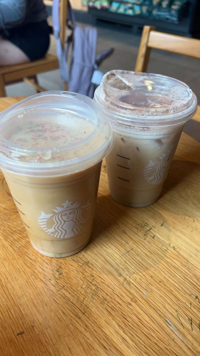 The Sugar Cookie Latte and the Gingerbread Oatmilk Chai currently available at Starbucks. Since last year, these drinks have been a hit nationwide as everyone is obsessed with them. Photo courtesy of Saule Kondra. 

 