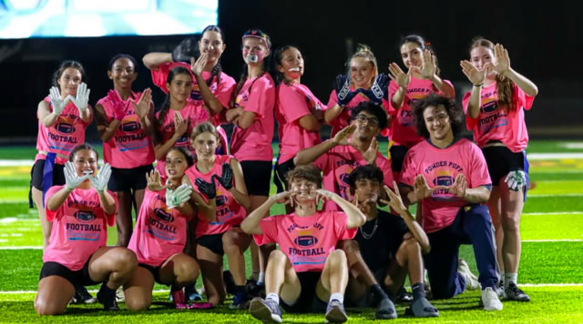 The sophomore powderpuff team posing before their big win in the tournament. The team prepared for the game with multiple practices beforehand to make sure they’re well prepared. Photo courtesy of Evan Eagle. 