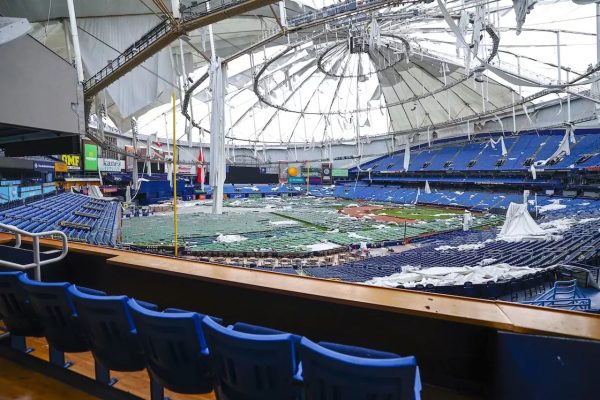 The damage in Tropicana Field as a result of Hurricane Milton. The strong winds tore the tarp-covered roof to shreds, causing intense water damage to the stadium, which will cost millions of dollars to repair. Photo courtesy of Tampa Bay Rays. 