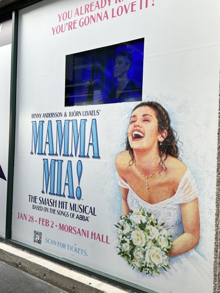 The decorative wall dedicated to the Mamma Mia shows outside of the Straz Center. The 25th anniversary tour first started in July of 2023 in Memphis, Tennessee and will have been going on for just under a year when it comes to an end in June of 2025. Photo courtesy of Alyssa Galang. 