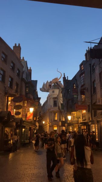Inside The Wizarding World of Harry Potter at Universal Studios, leading up to the Gringotts Bank where the Harry Potter and the Escape from Gringotts ride is. The dragon seen on top of the bank is the Ukranian Ironbelly dragon that is connected to the experience and storyline of the ride. Photo courtesy of Saule Kondra. 