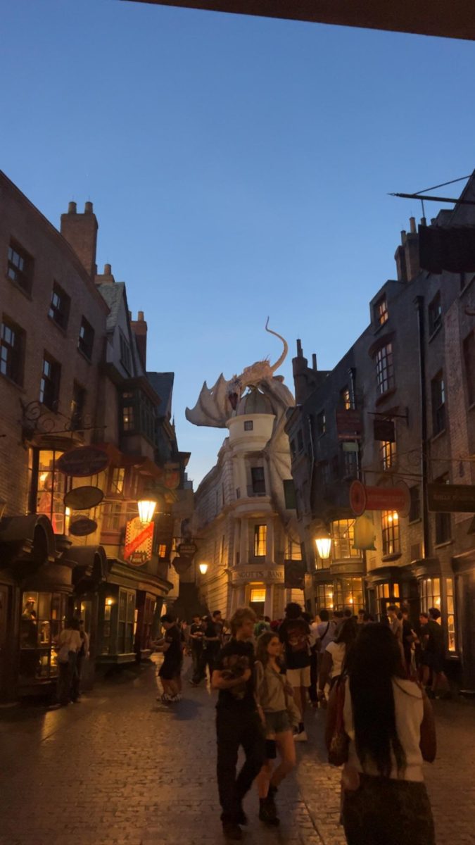 Inside The Wizarding World of Harry Potter at Universal Studios, leading up to the Gringotts Bank where the Harry Potter and the Escape from Gringotts ride is. The dragon seen on top of the bank is the Ukranian Ironbelly dragon that is connected to the experience and storyline of the ride. Photo courtesy of Saule Kondra. 