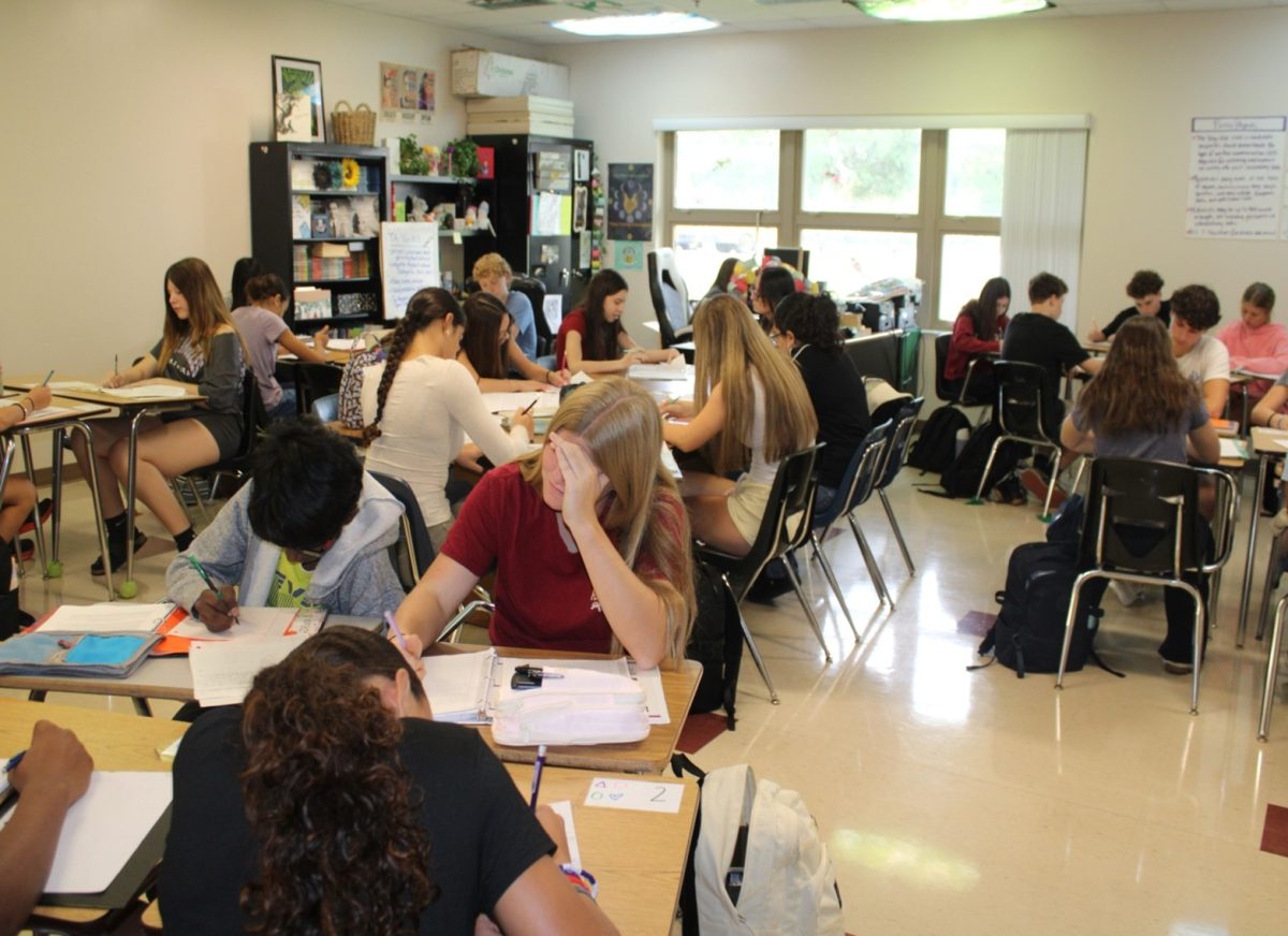 Ms. Martinez’s 2nd period AICE general paper class. AICE English is a college-level English course that is offered to freshman. Photo courtesy of Ava Sanchez.