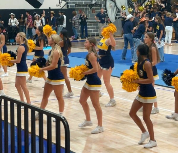Left to Right, Back row: Ashleybeth Calix-Sori, Ademy Malave, Lily Astin, Gianna Puntureri, Front row: Sophia Muzio, Carmen Valladares, Cora Carew, Allison Colon. Steinbrenner cheerleaders at the pep rally performing a routine for the incoming students. Traditionally, Steinbrenner cheerleaders perform at every pep rally. Photo courtesy of Isabel Liberos. 