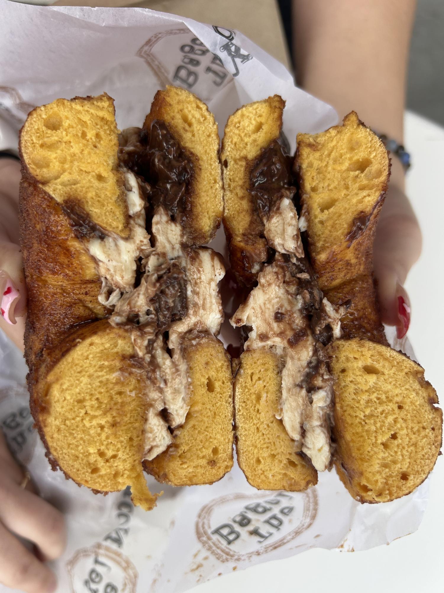 The Cinnamon Sugar bagel with Nutella cream cheese and the Big B Asiago bagel with Bacon Scallion cream cheese, both came out warm and gooey, perfect for a cozy breakfast. After the first taste test, we devoured them with ease. Photo courtesy of Kate Caraynoff. 