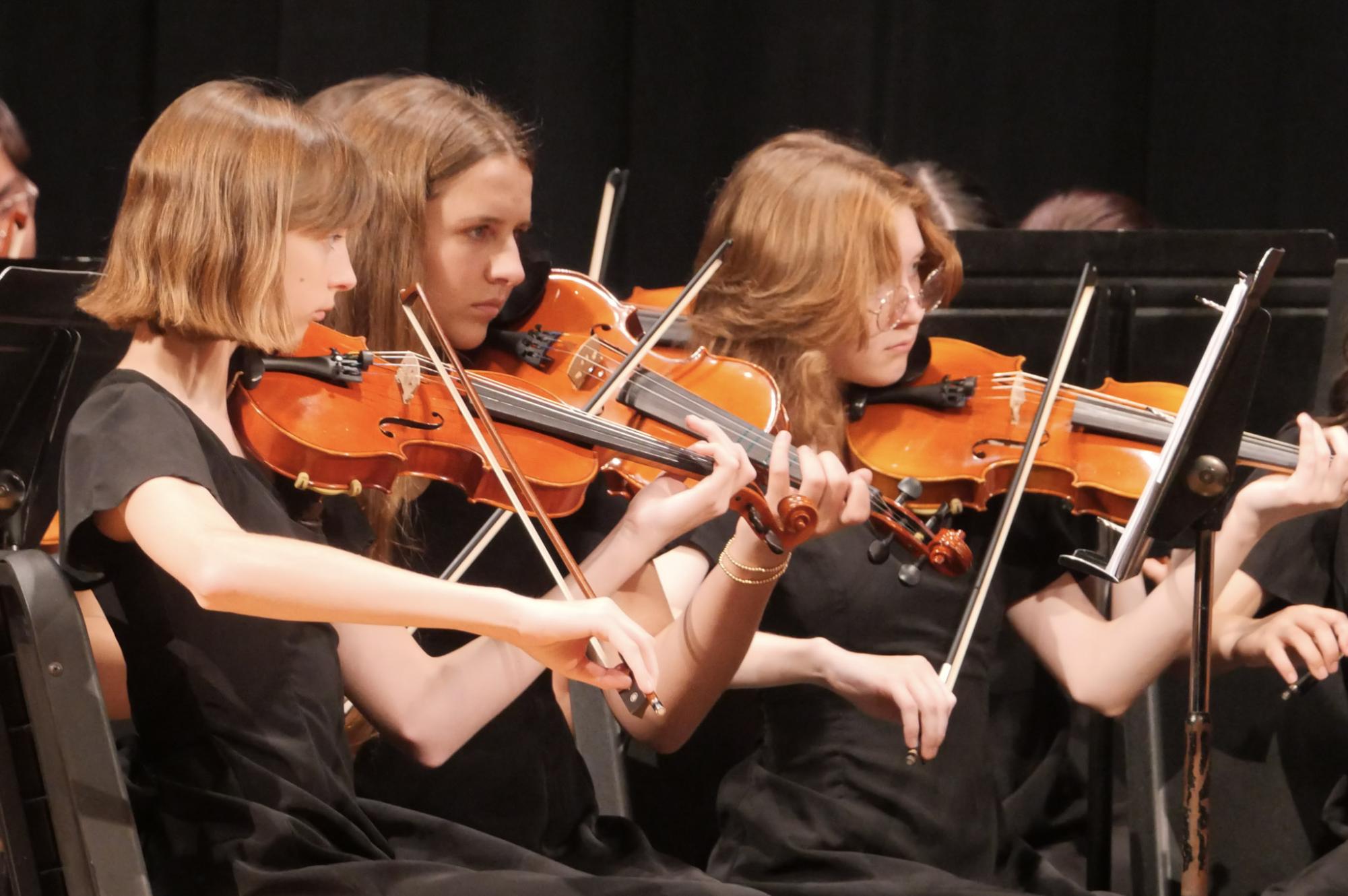 Violin players performing at the MPA pre-concert. This warm-up prepares the orchestra for their judged competition during the actual event. Photo courtesy of Shirin Kohli.  