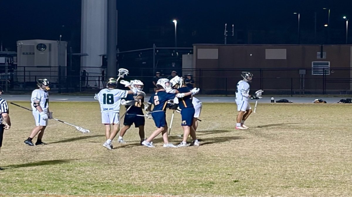 Steinbrenner players celebrate after scoring during Wednesday night’s game against Sunlake. Photo courtesy of Lily Gorgol