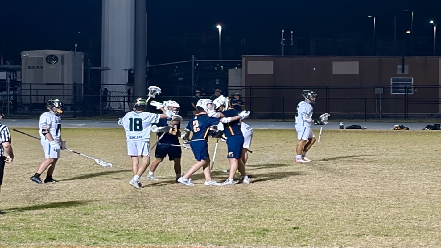 Steinbrenner players celebrate after scoring during Wednesday night’s game against Sunlake. Photo courtesy of Lily Gorgol