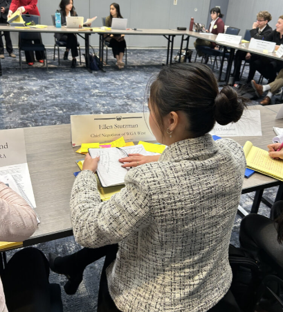 Students working in a committee meeting, discussing real-world issues, and proposing solutions. Delegates worked together to create directives, resolutions, and policies through debating and problem solving. Photo courtesy of Brissie Nguyen 