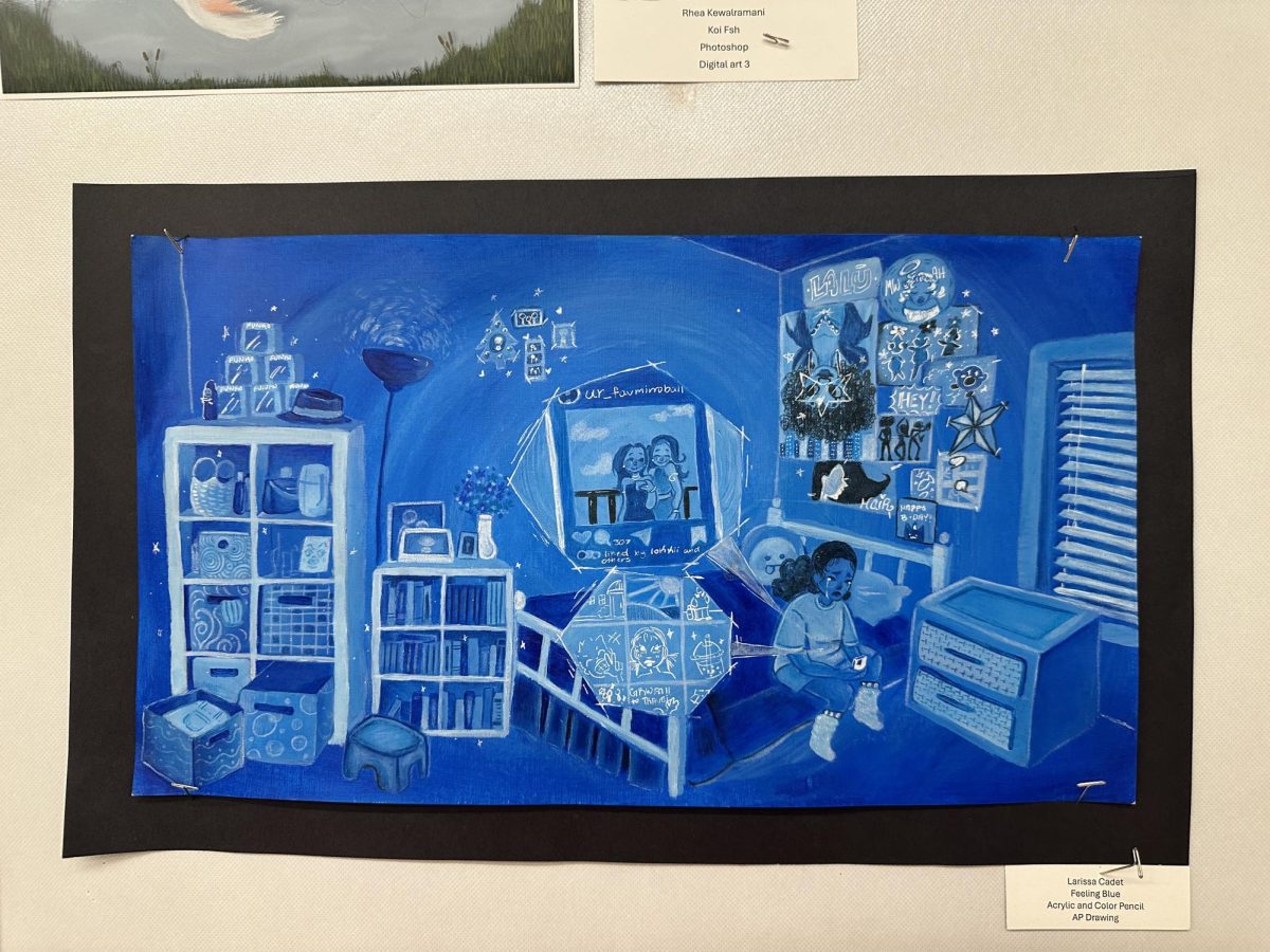 Larissa Cadet’s Feeling Blue drawing showcases the effects of social media comparison. Cadet chose this piece for the gallery due to its more detailed background which elevated her skills. Photo courtesy of Alyssa Galang.